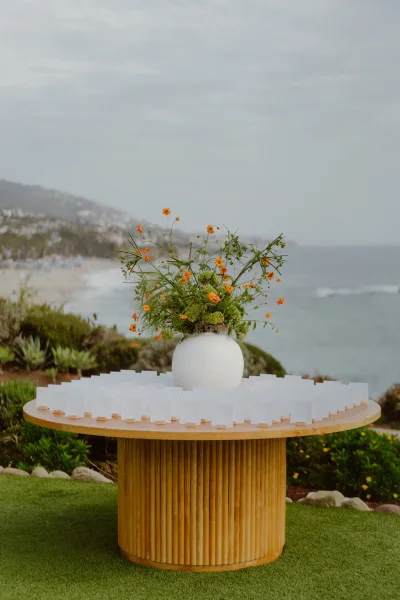 Escort card display with refined escort card table decor, anchored by a ceramic vase, set on a grass lawn overlooking the ocean coastline.