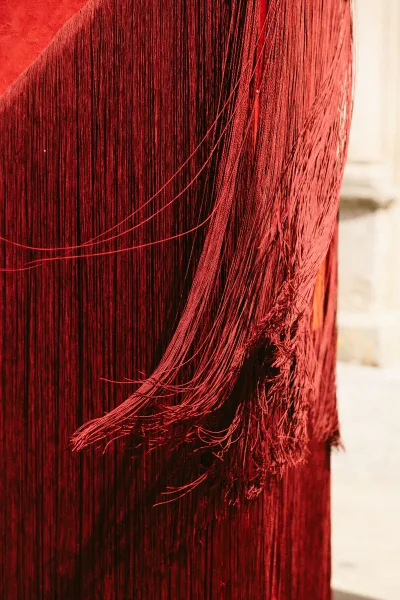 Fringe backdrop, a vivid red wedding backdrop of cascading string curtain strands, draped dramatically against a stone wall.